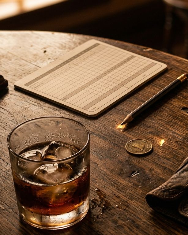 A paper scorecard, pencil, ball marker, glove and a drink on a clubhouse table.